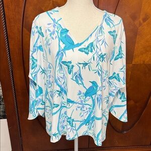 Jude Connally Teal Bird and Butterfly Top